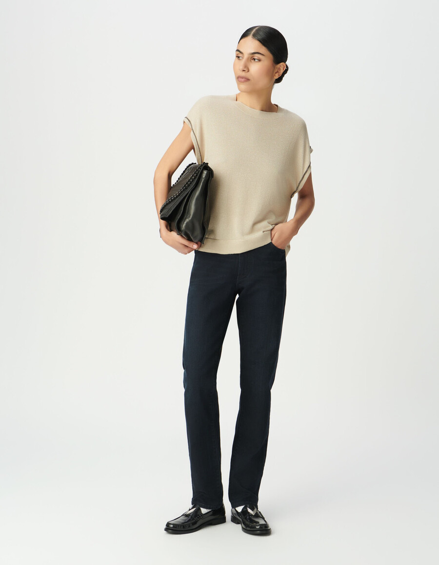 maglione da donna in maglia fine lurex beige con catene