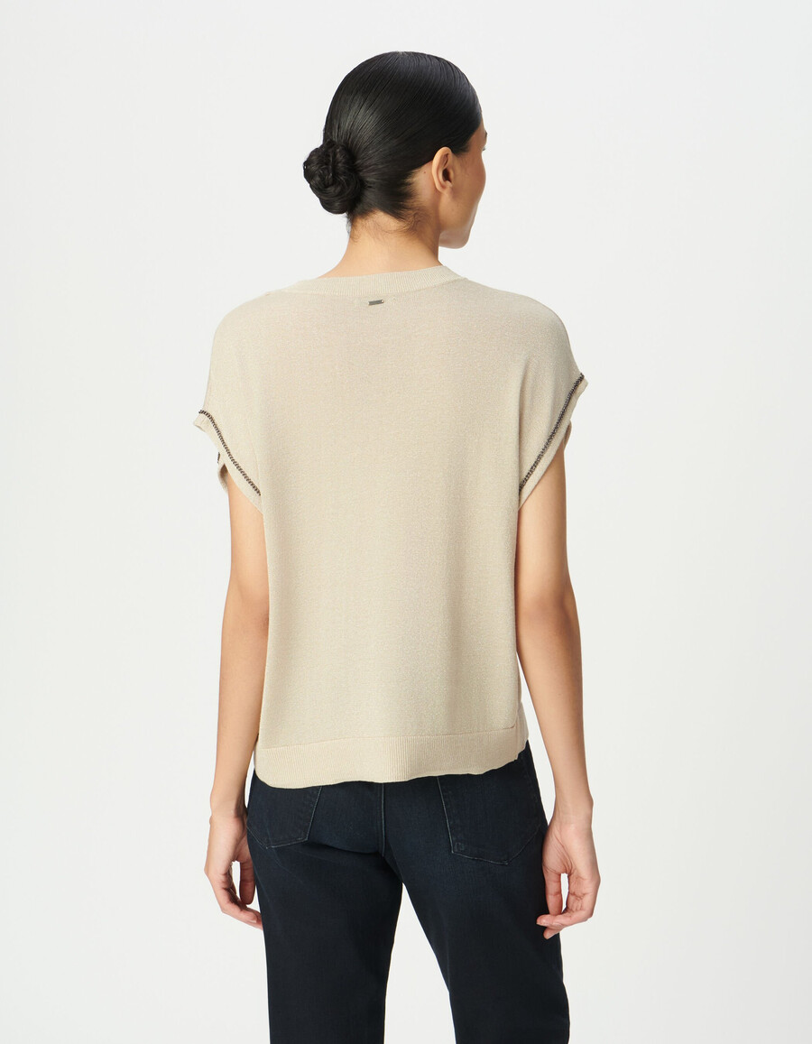 maglione da donna in maglia fine lurex beige con catene