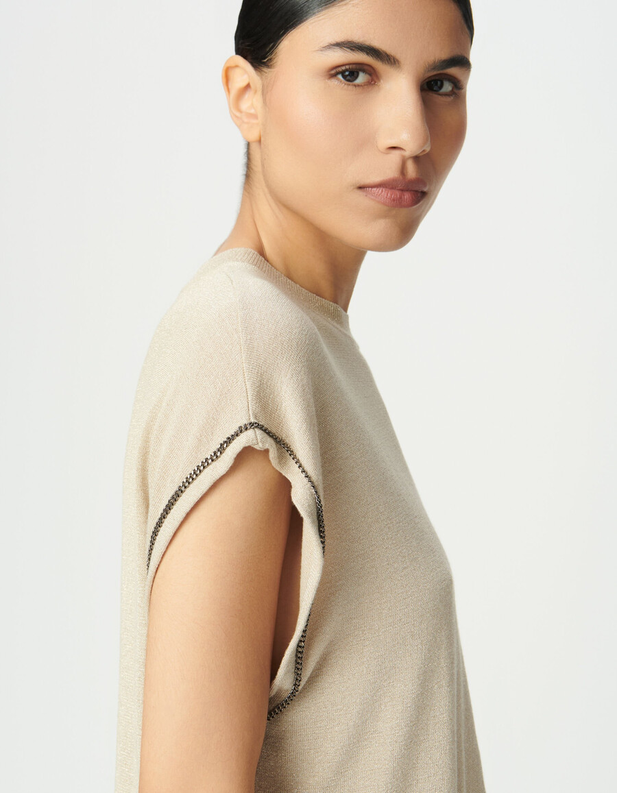 maglione da donna in maglia fine lurex beige con catene