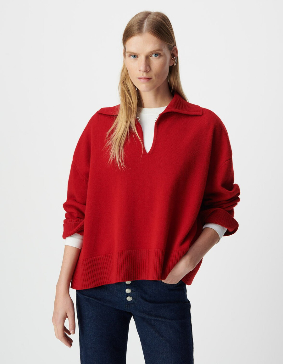 maglione jacquard tartan rosso con collo alto da donna