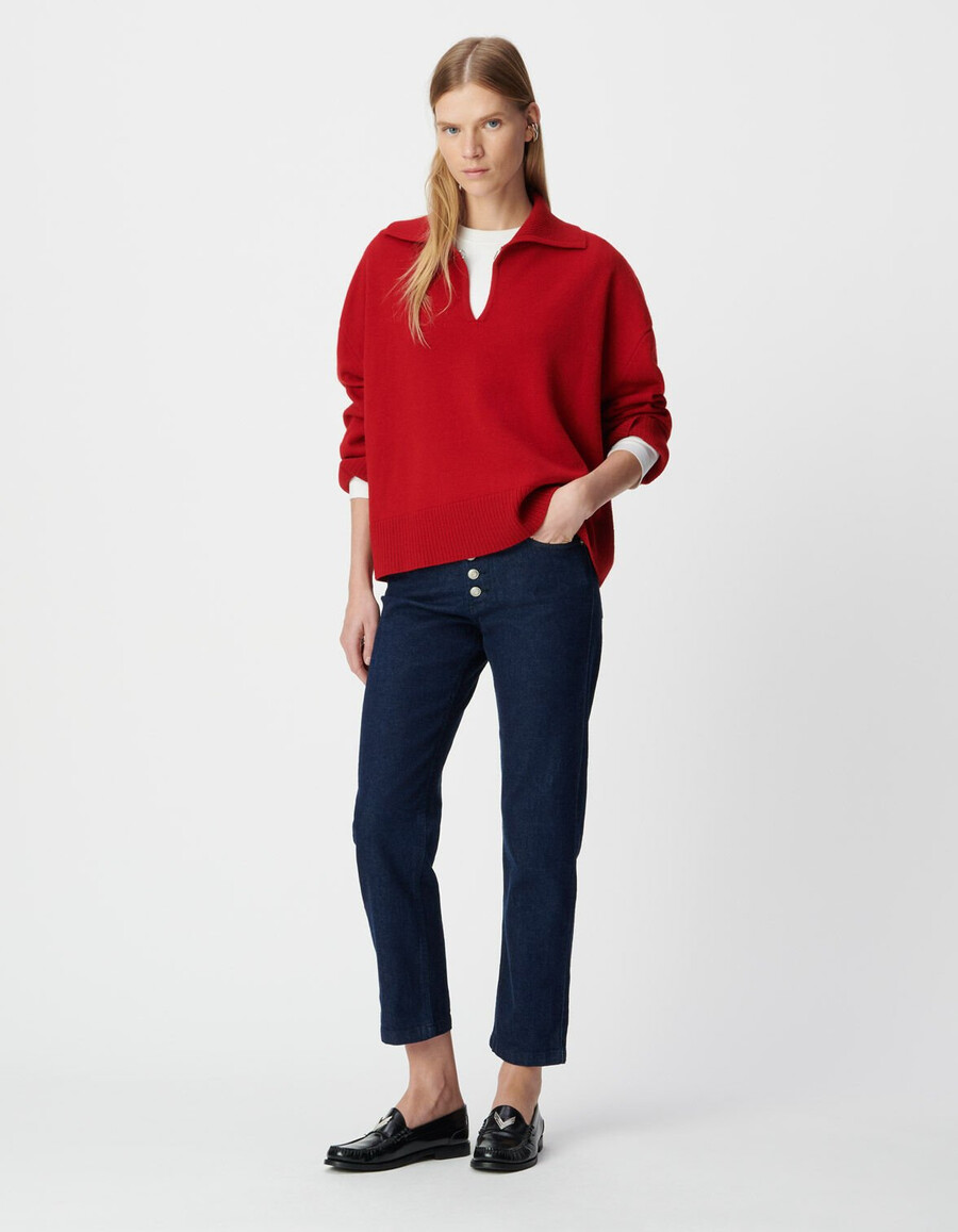 maglione jacquard tartan rosso con collo alto da donna