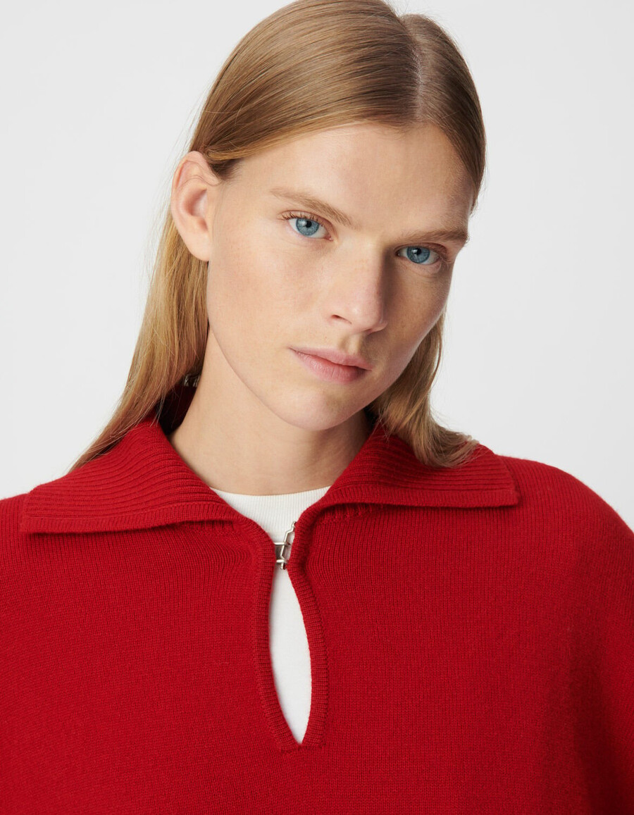 maglione jacquard tartan rosso con collo alto da donna