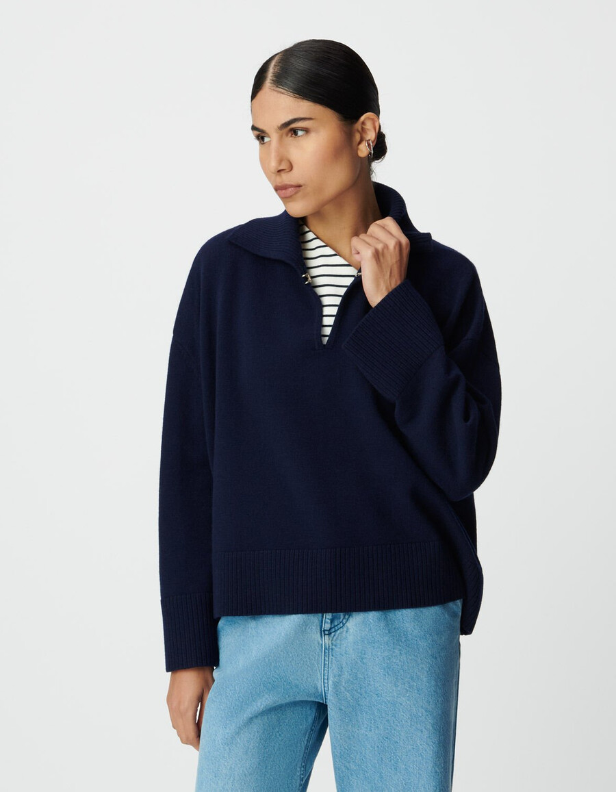 maglione jacquard scozzese blu navy con collo alto da donna