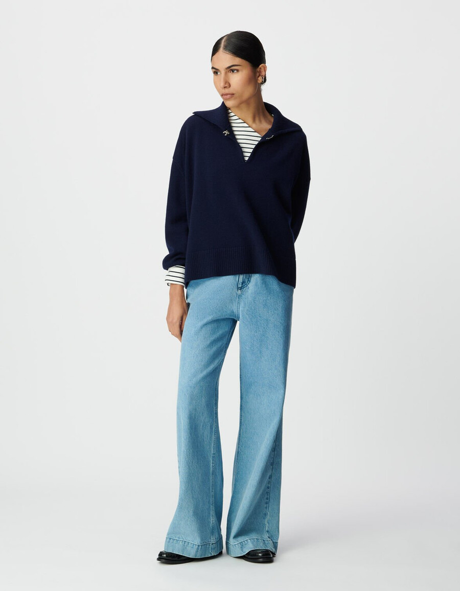 maglione jacquard scozzese blu navy con collo alto da donna
