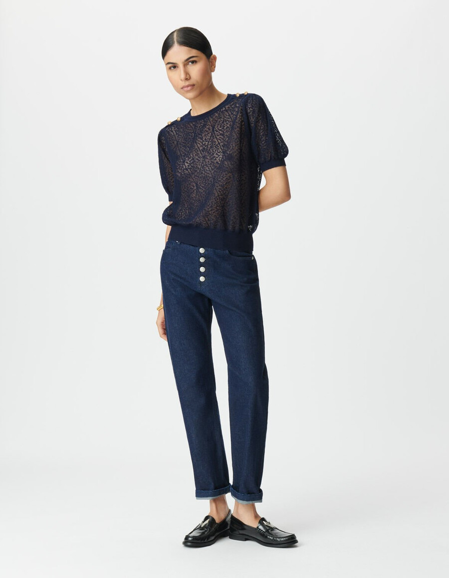 maglione da donna in maglia traforata blu navy con spalle abbottonate