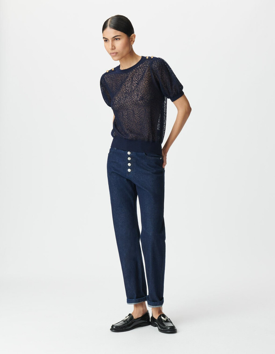 maglione da donna in maglia traforata blu navy con spalle abbottonate