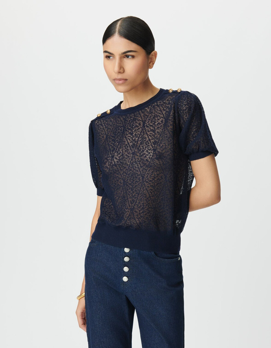 maglione da donna in maglia traforata blu navy con spalle abbottonate