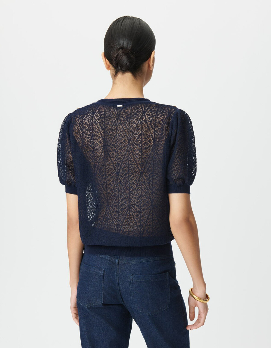 maglione da donna in maglia traforata blu navy con spalle abbottonate