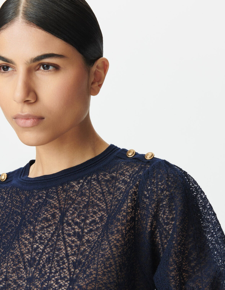maglione da donna in maglia traforata blu navy con spalle abbottonate