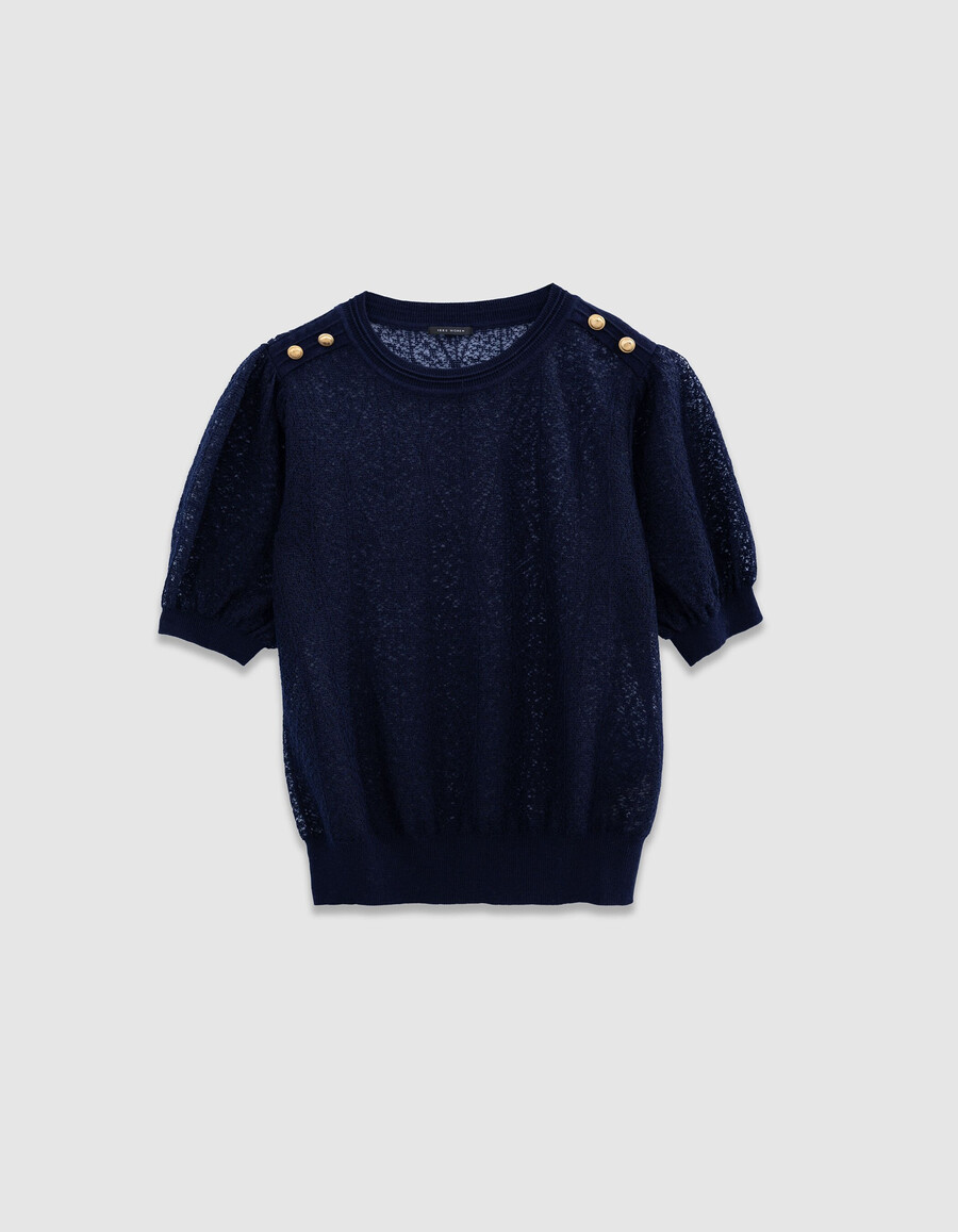 maglione da donna in maglia traforata blu navy con spalle abbottonate