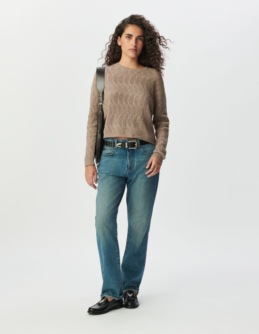maglione lavorato a maglia traforato decorativo beige da donna