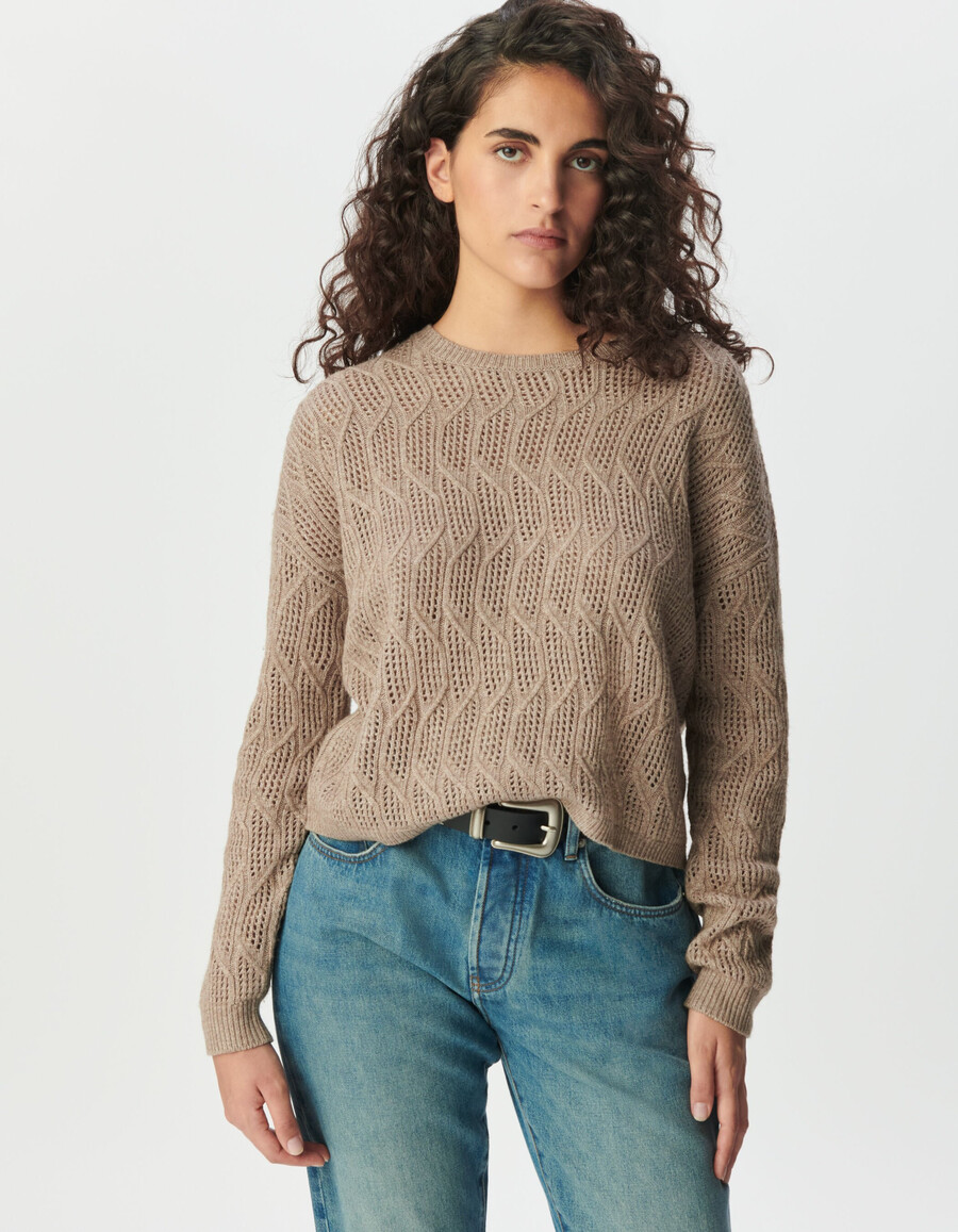 maglione lavorato a maglia traforato decorativo beige da donna