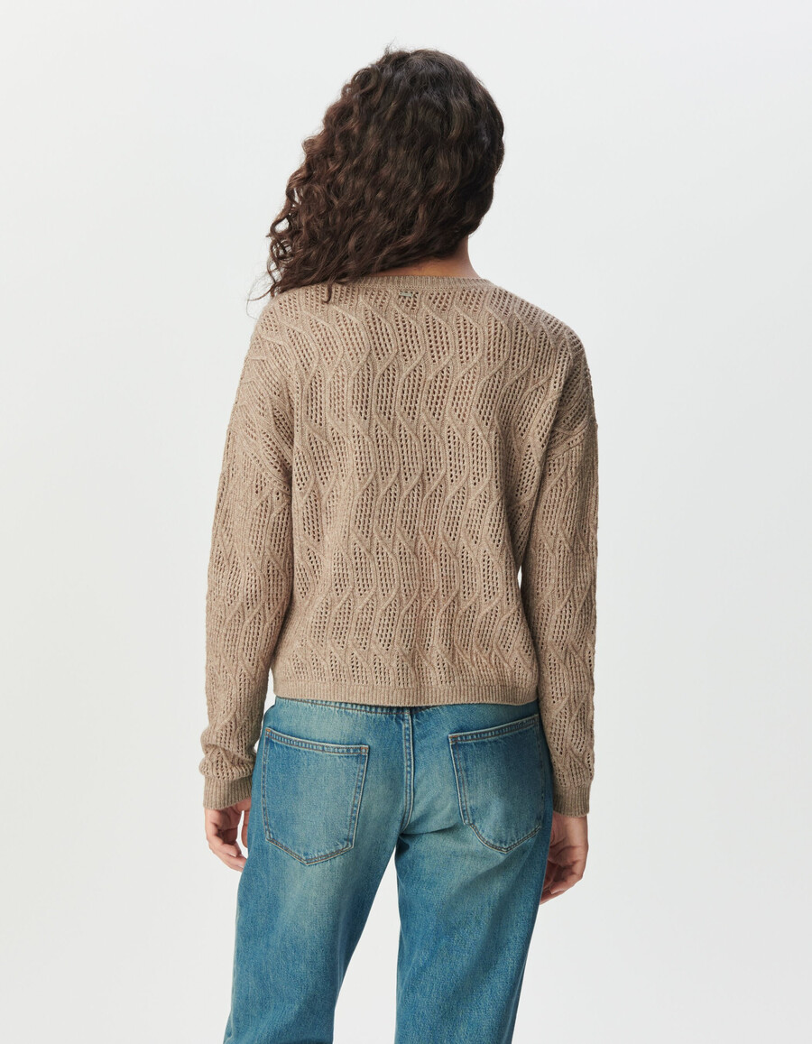 maglione lavorato a maglia traforato decorativo beige da donna