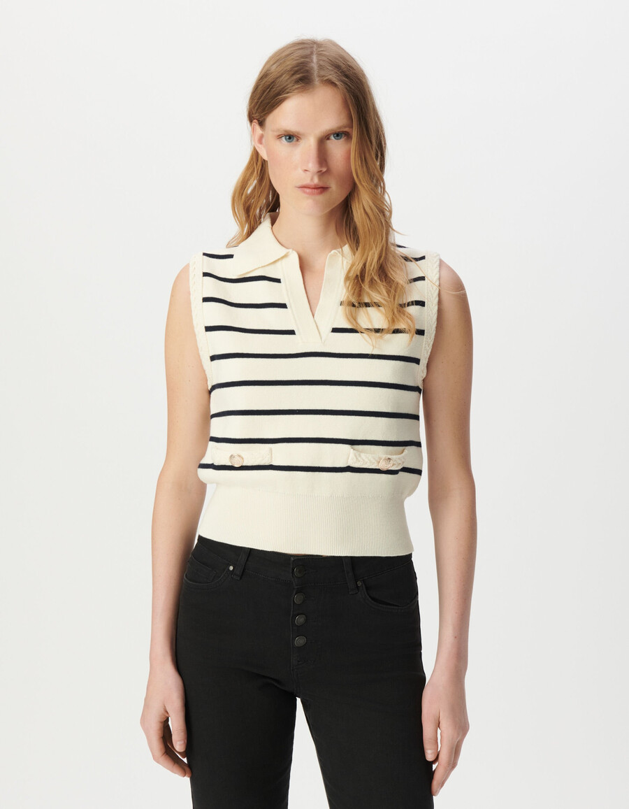maglione polo bianco da donna in maglia con strisce da marinaio blu navy