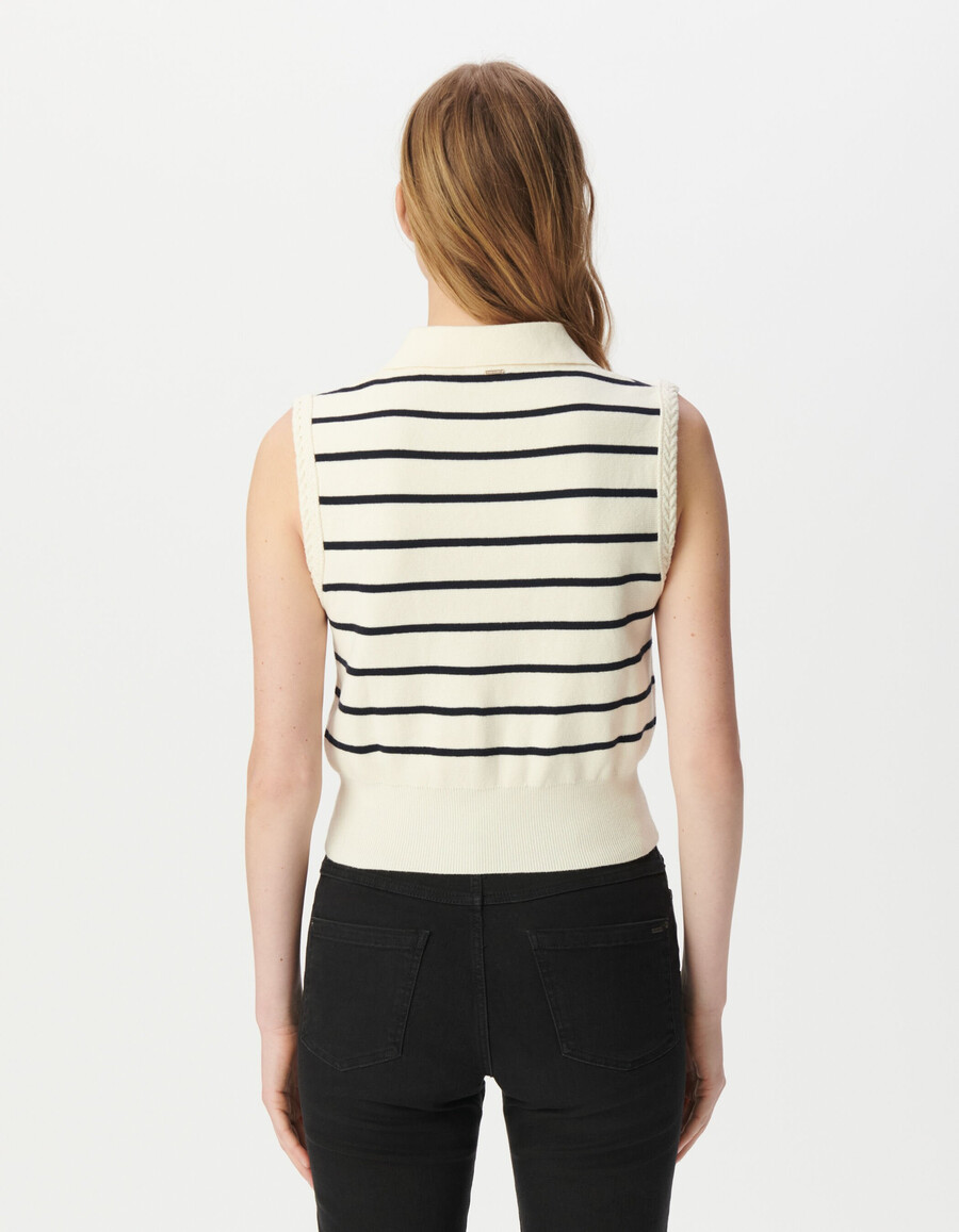 maglione polo bianco da donna in maglia con strisce da marinaio blu navy