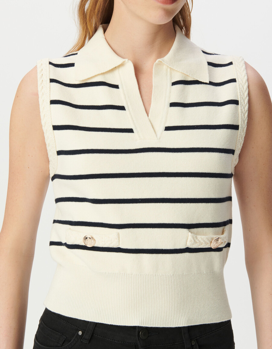 maglione polo bianco da donna in maglia con strisce da marinaio blu navy