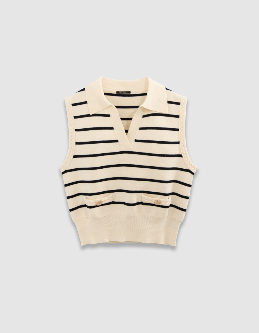 maglione polo bianco da donna in maglia con strisce da marinaio blu navy