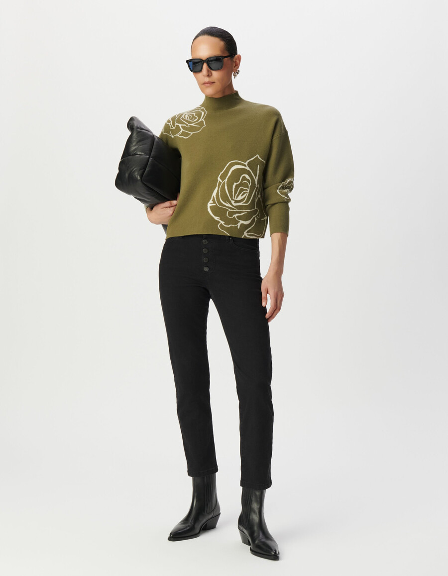 maglione da donna con collo alto in maglia jacquard con rose verdi
