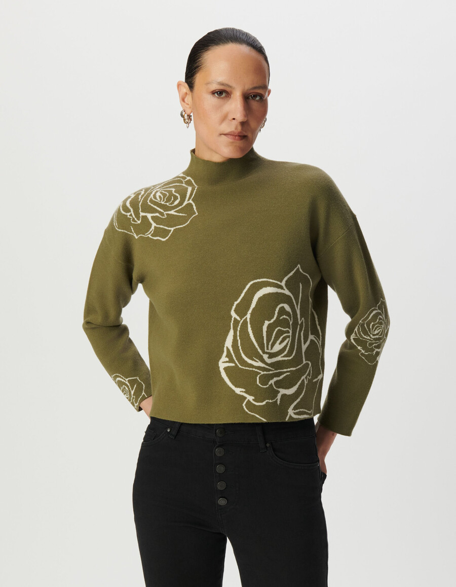 maglione da donna con collo alto in maglia jacquard con rose verdi