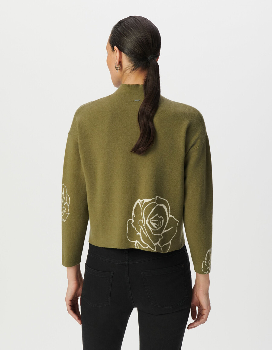 maglione da donna con collo alto in maglia jacquard con rose verdi