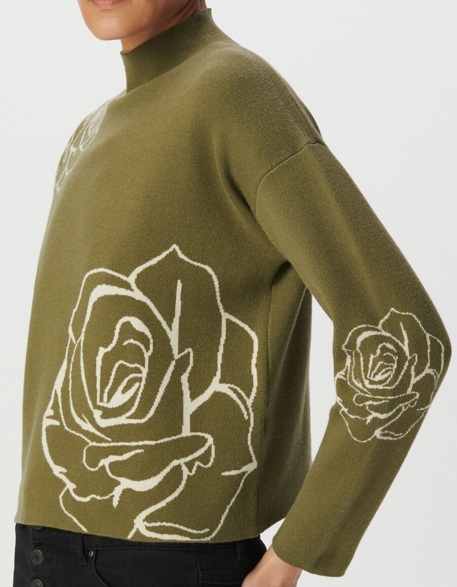maglione da donna con collo alto in maglia jacquard con rose verdi