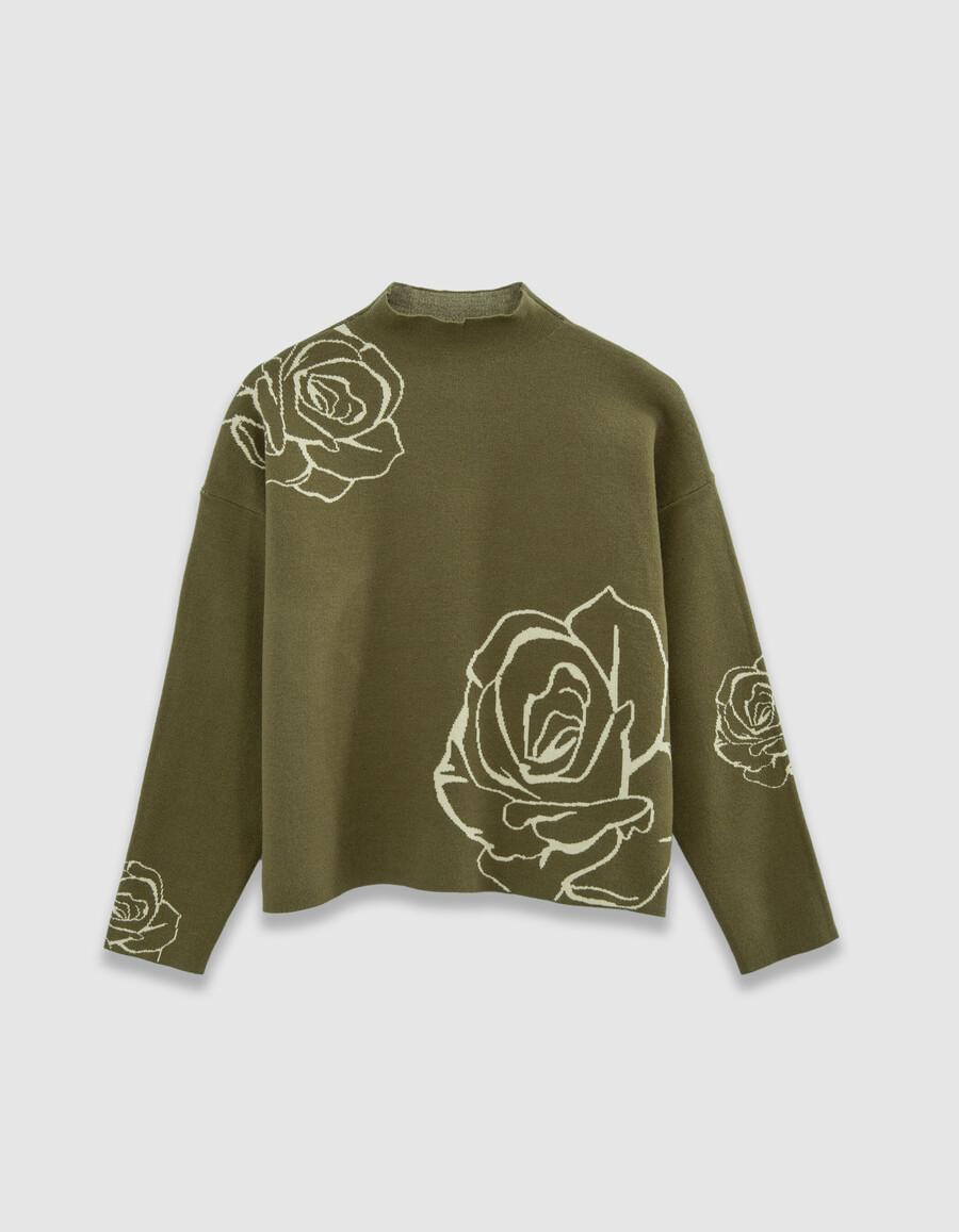 maglione da donna con collo alto in maglia jacquard con rose verdi