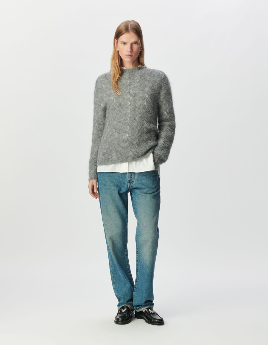 maglione decorativo in maglia a trecce grigio in misto mohair da donna
