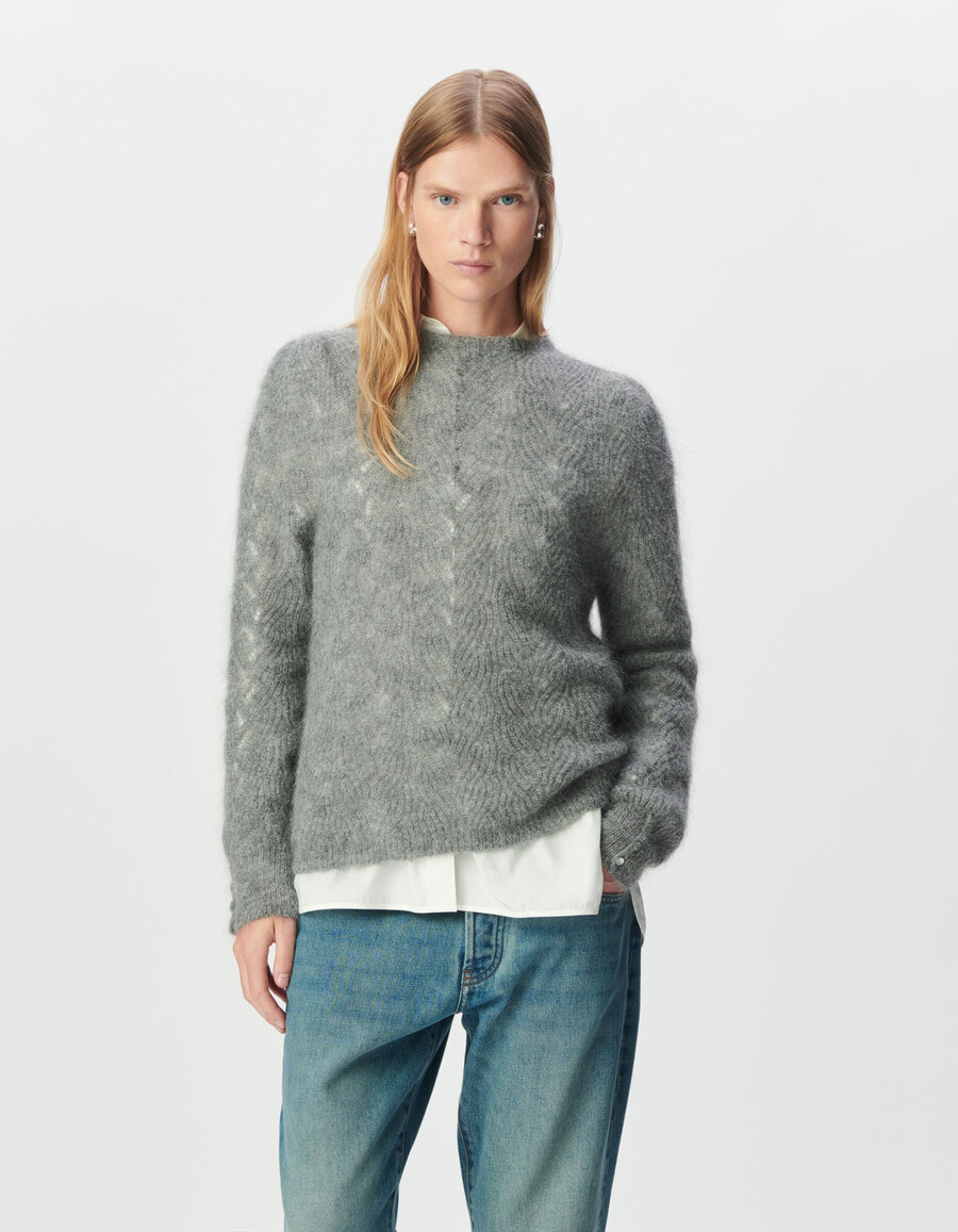 maglione decorativo in maglia a trecce grigio in misto mohair da donna