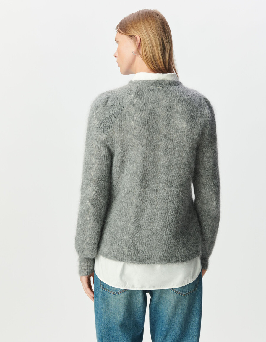 maglione decorativo in maglia a trecce grigio in misto mohair da donna