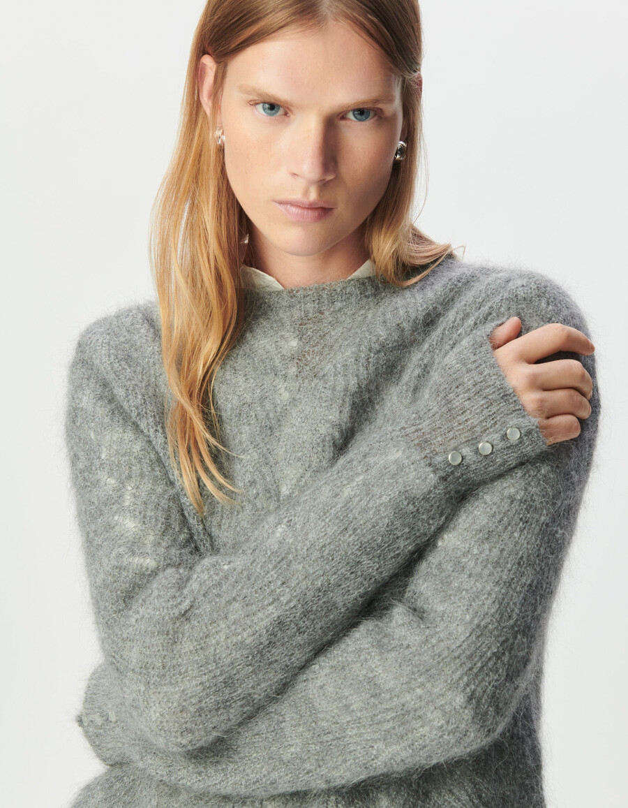 maglione decorativo in maglia a trecce grigio in misto mohair da donna