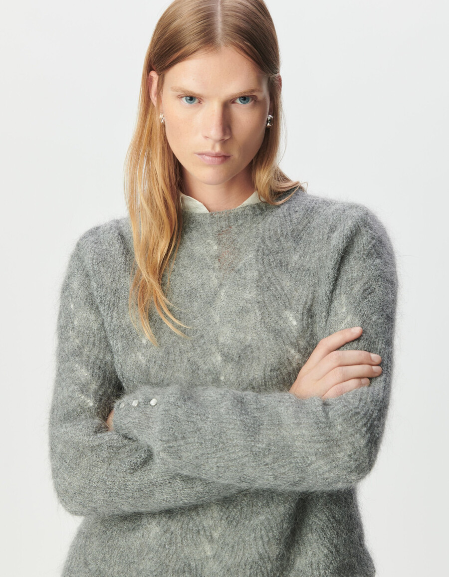 maglione decorativo in maglia a trecce grigio in misto mohair da donna