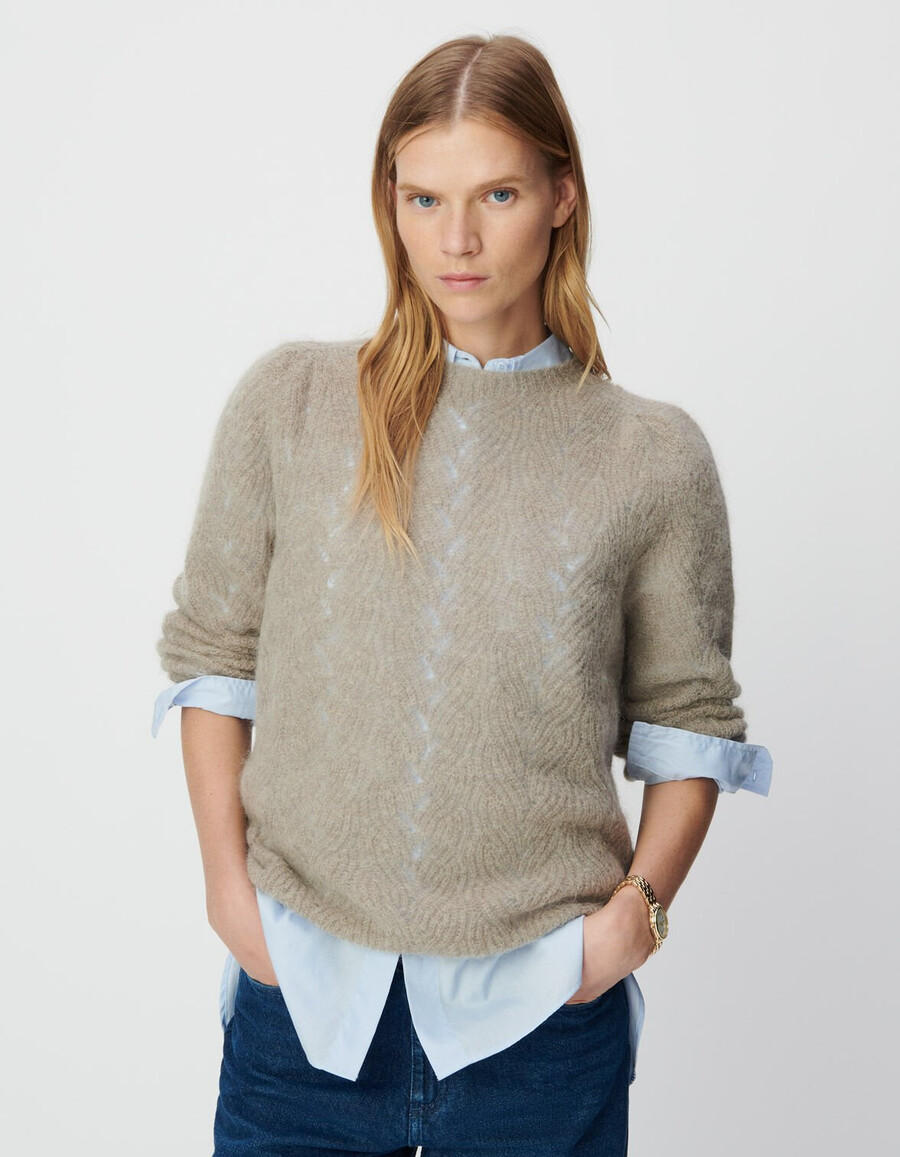 maglione lavorato a maglia con motivo decorativo a trecce in misto mohair beige da donna