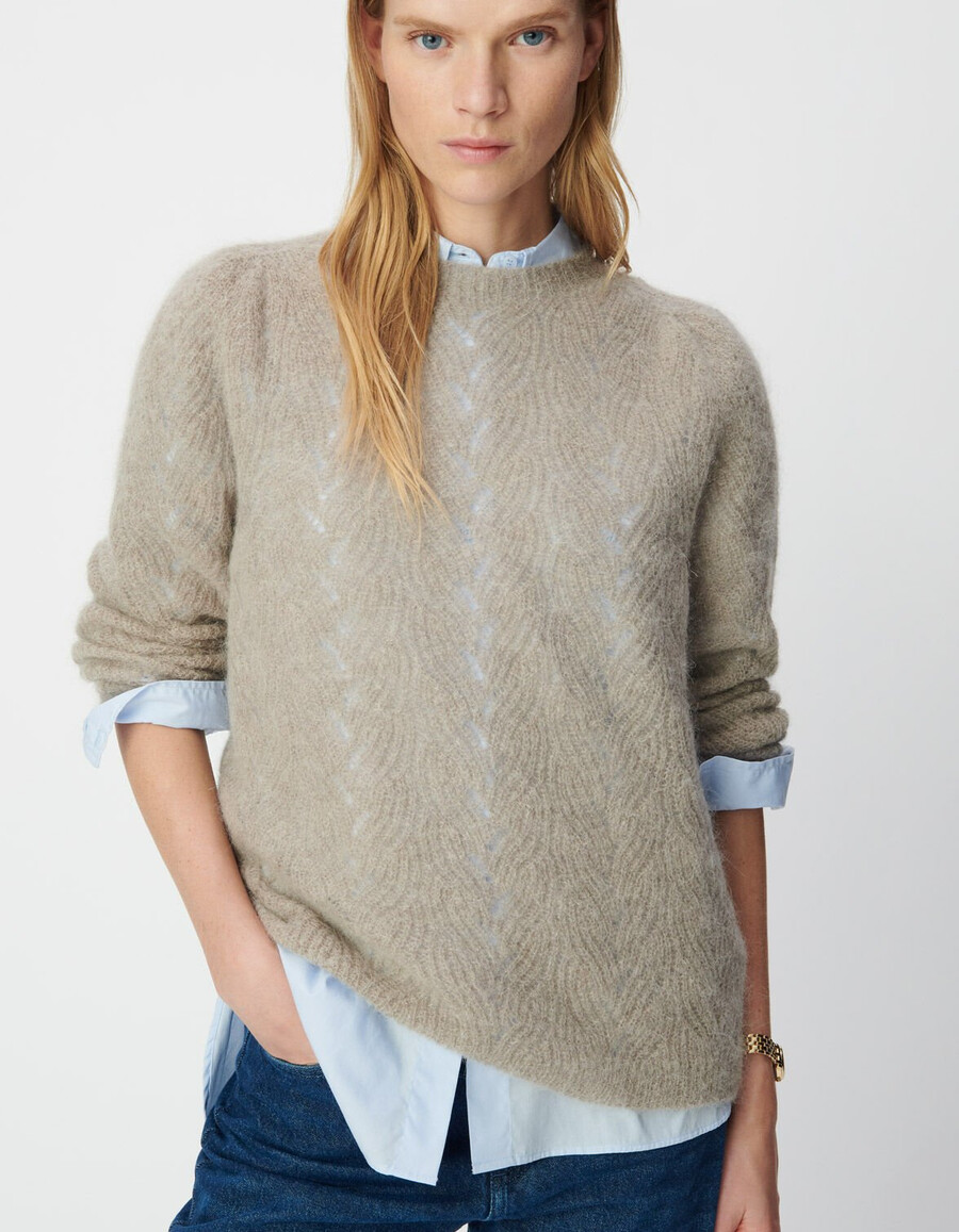 maglione lavorato a maglia con motivo decorativo a trecce in misto mohair beige da donna