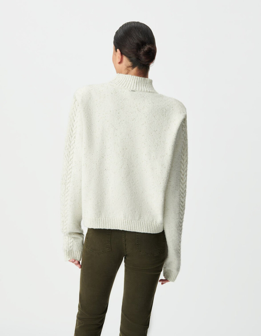 maglione da donna in maglia ecru in lurex spalline e maglia a trecce