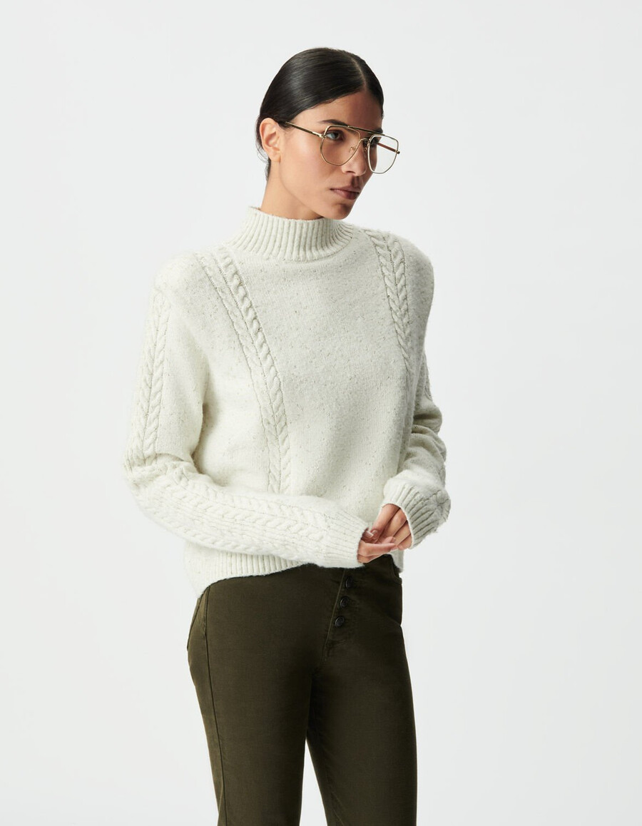 maglione da donna in maglia ecru in lurex spalline e maglia a trecce