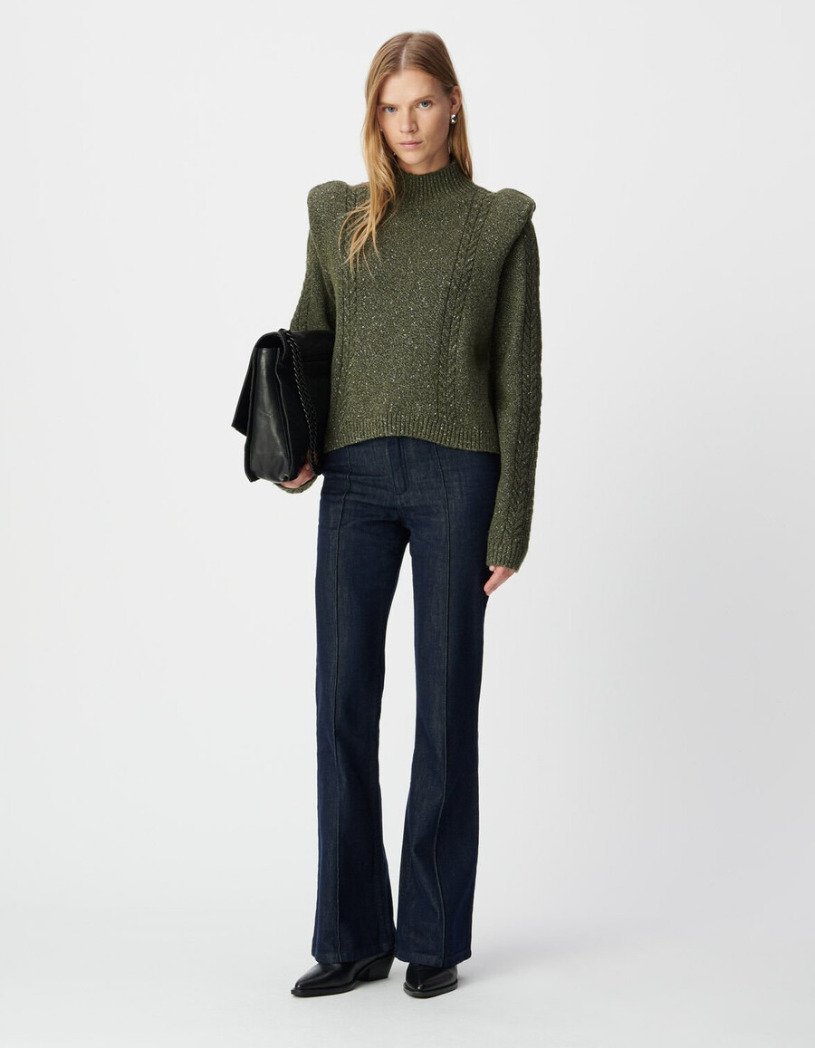 maglione da donna in maglia kaki lurex spalline e maglia a trecce