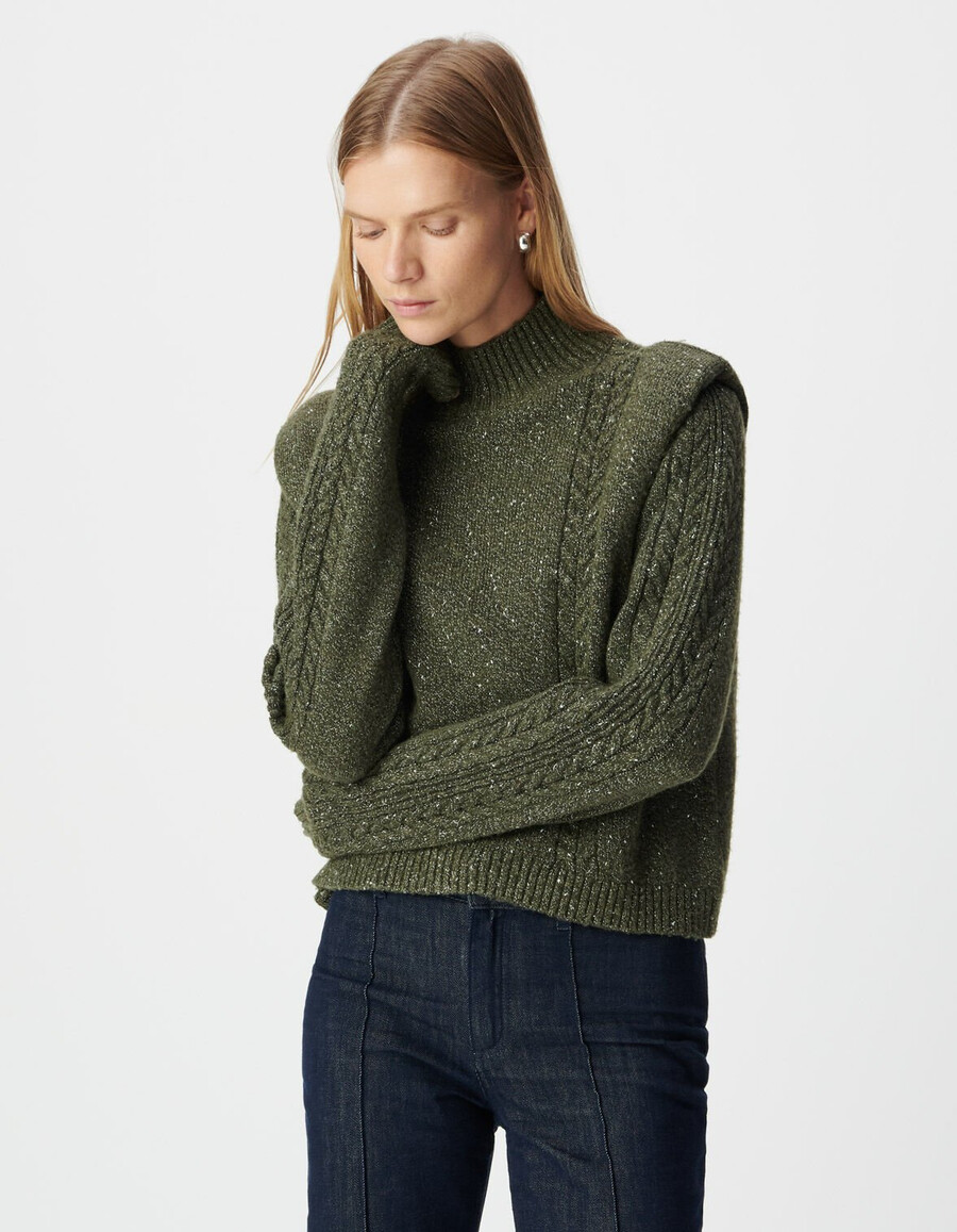 maglione da donna in maglia kaki lurex spalline e maglia a trecce