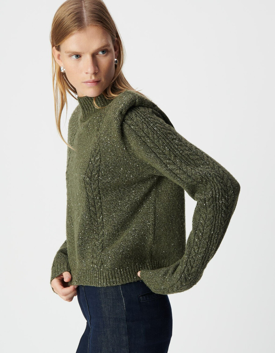 maglione da donna in maglia kaki lurex spalline e maglia a trecce