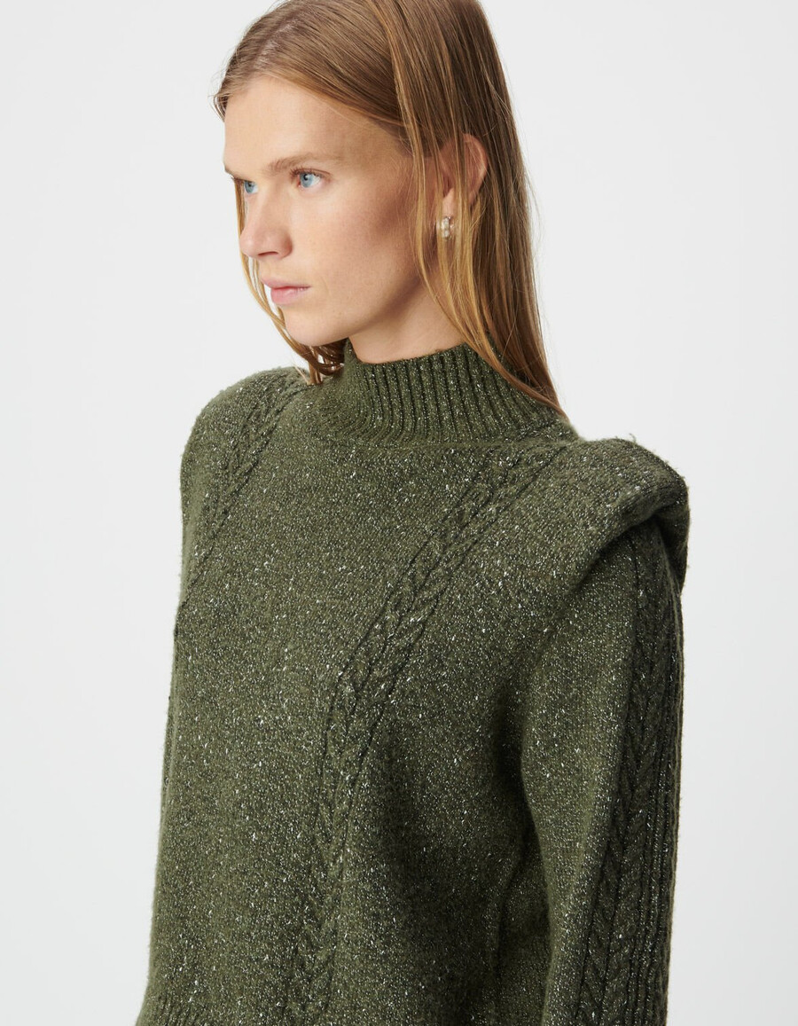 maglione da donna in maglia kaki lurex spalline e maglia a trecce