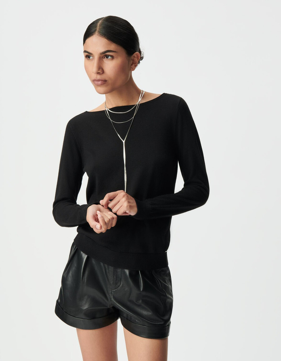 maglione nero da donna in maglia fine con inserto in pizzo sul retro