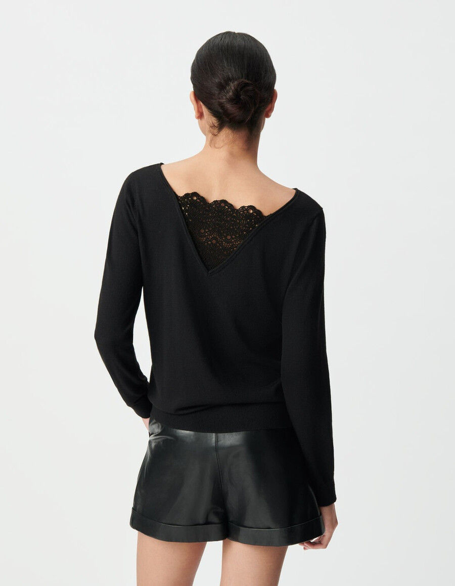 maglione nero da donna in maglia fine con inserto in pizzo sul retro
