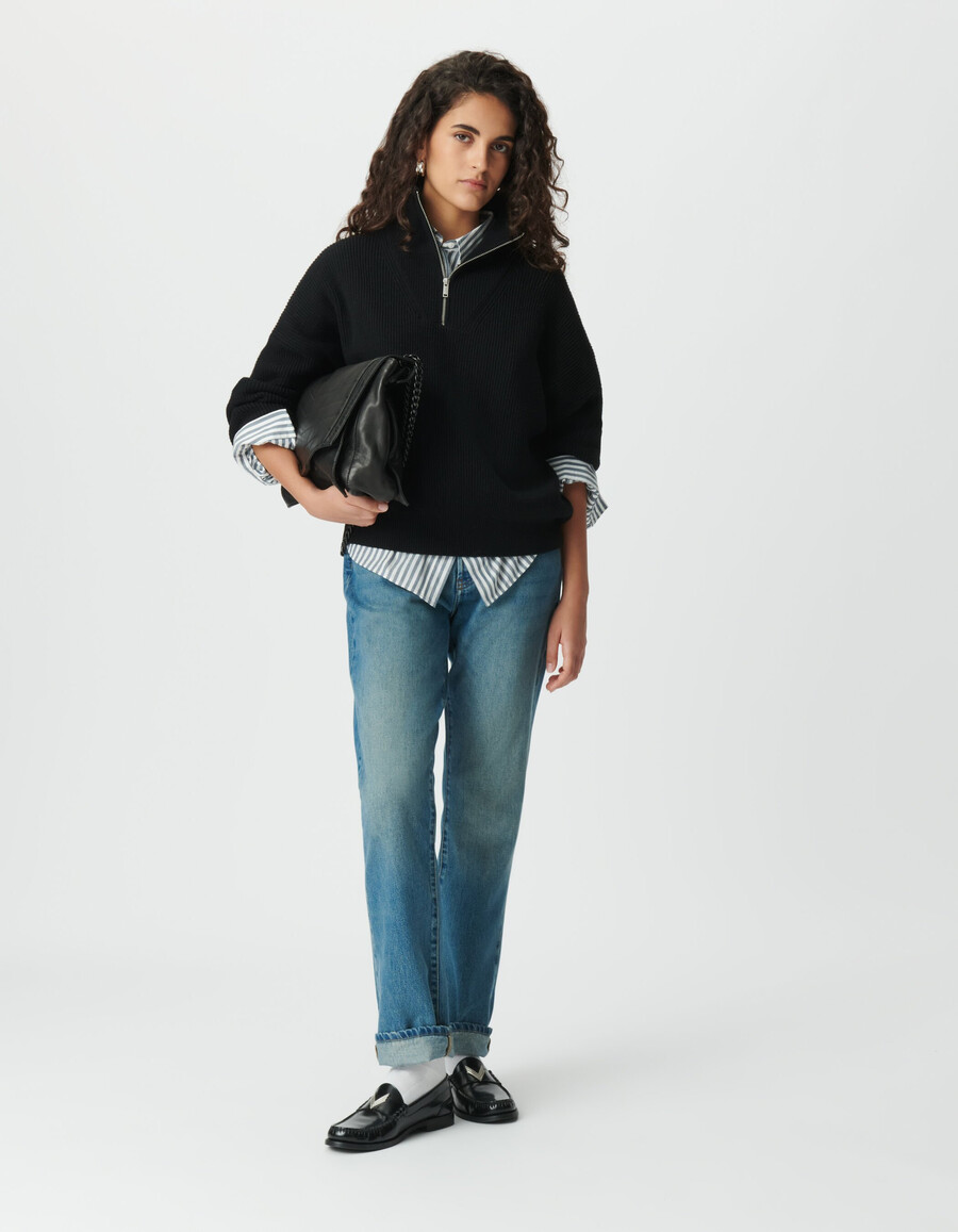 maglione da donna in maglia a coste nera con cerniera sul collo