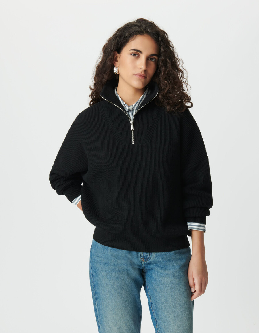 maglione da donna in maglia a coste nera con cerniera sul collo