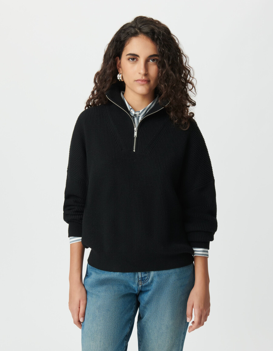 maglione da donna in maglia a coste nera con cerniera sul collo