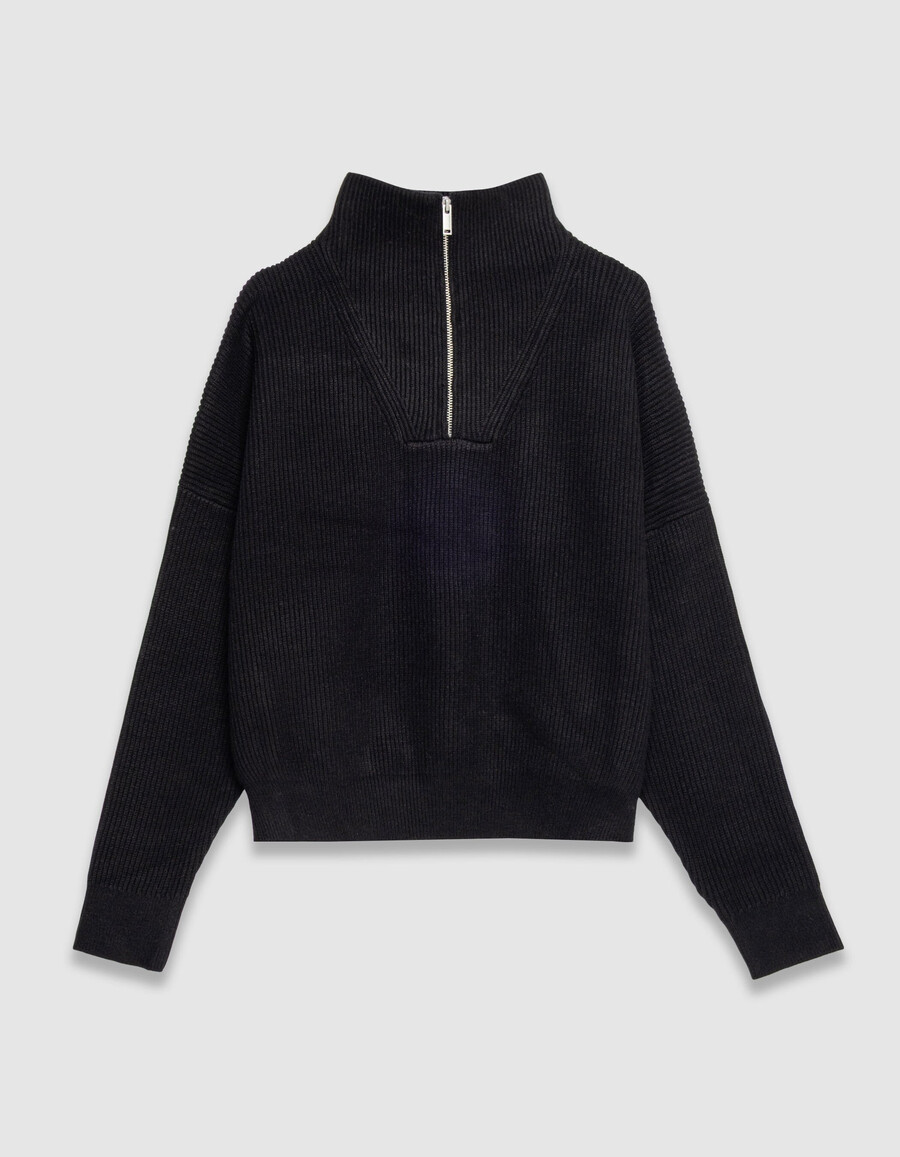 maglione da donna in maglia a coste nera con cerniera sul collo