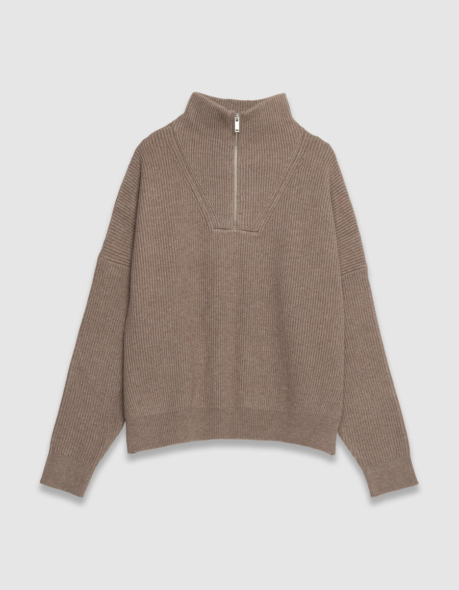 maglione da donna beige a coste con cerniera sul collo