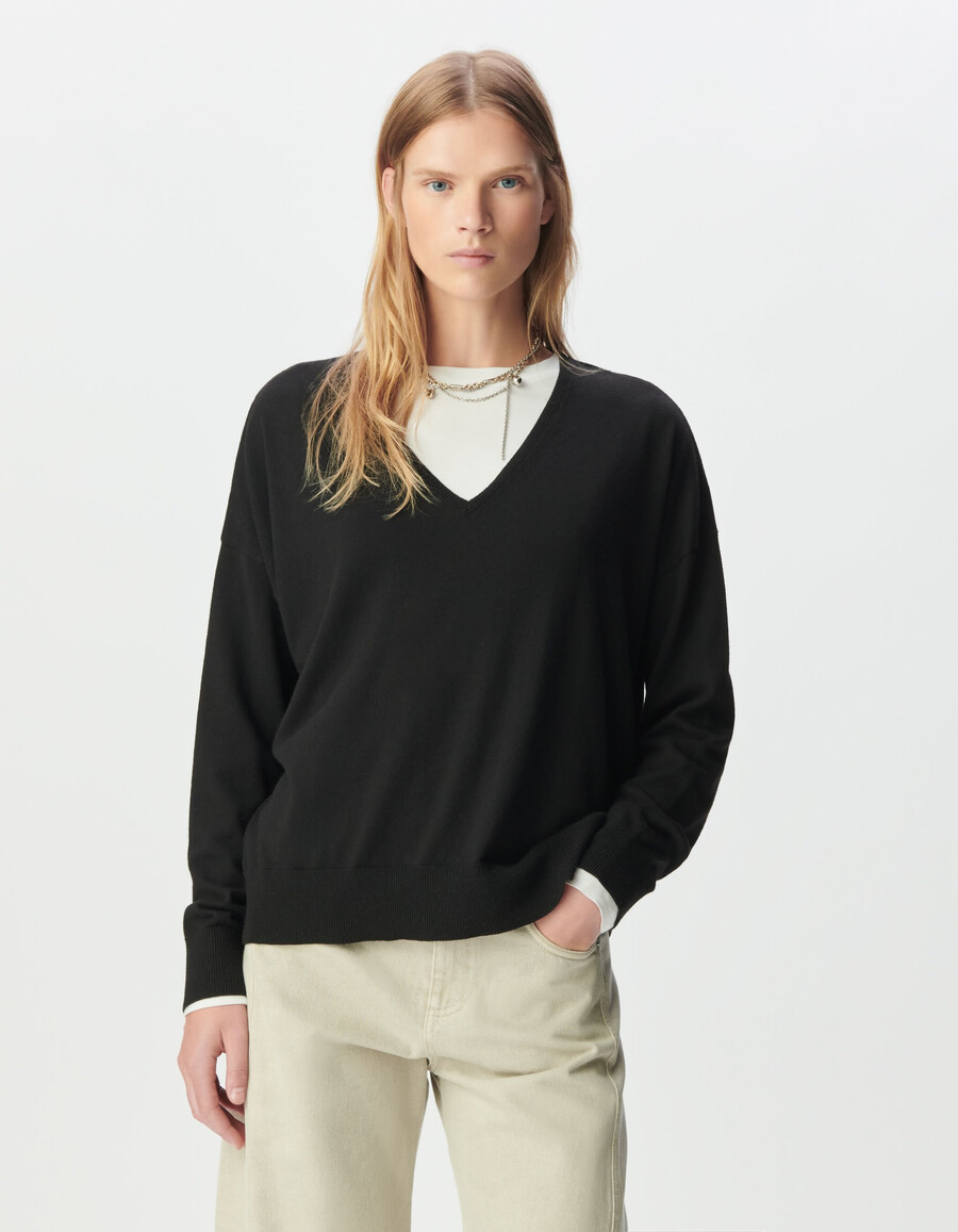maglione oversize con scollo a v in maglia fine nera da donna