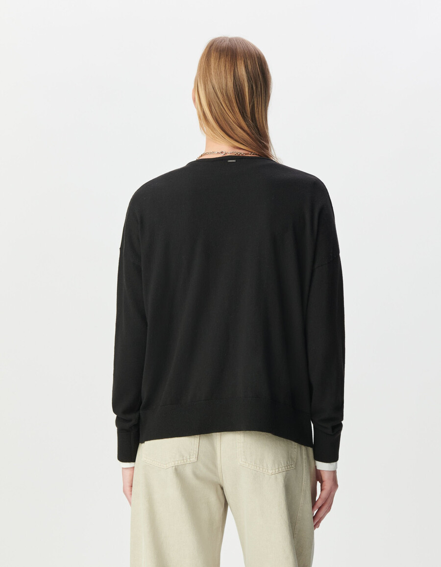 maglione oversize con scollo a v in maglia fine nera da donna