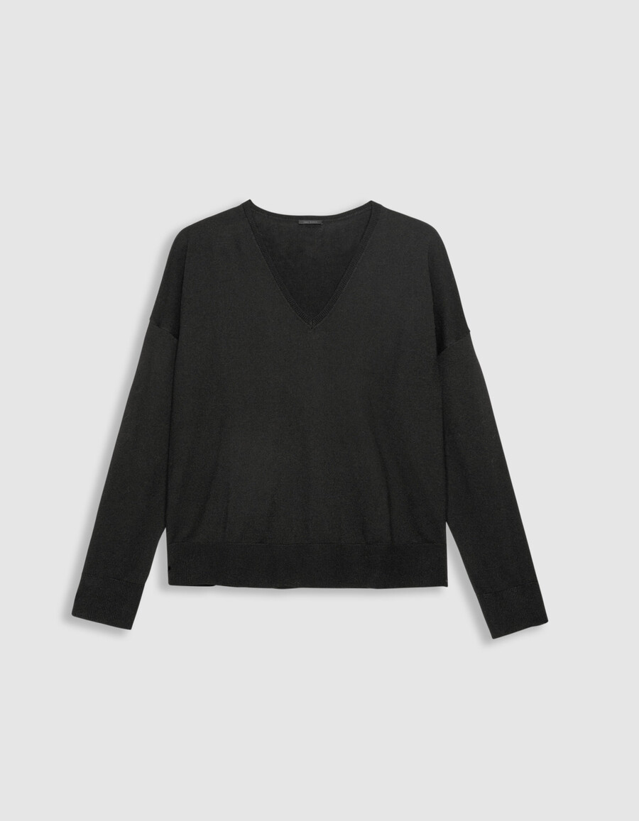 maglione oversize con scollo a v in maglia fine nera da donna