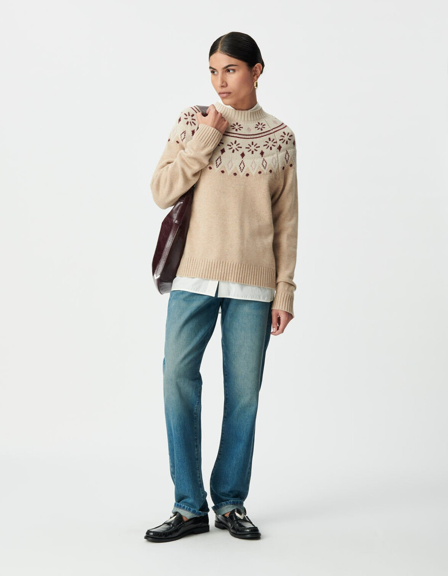maglione lavorato a maglia jacquard decorativo beige da donna